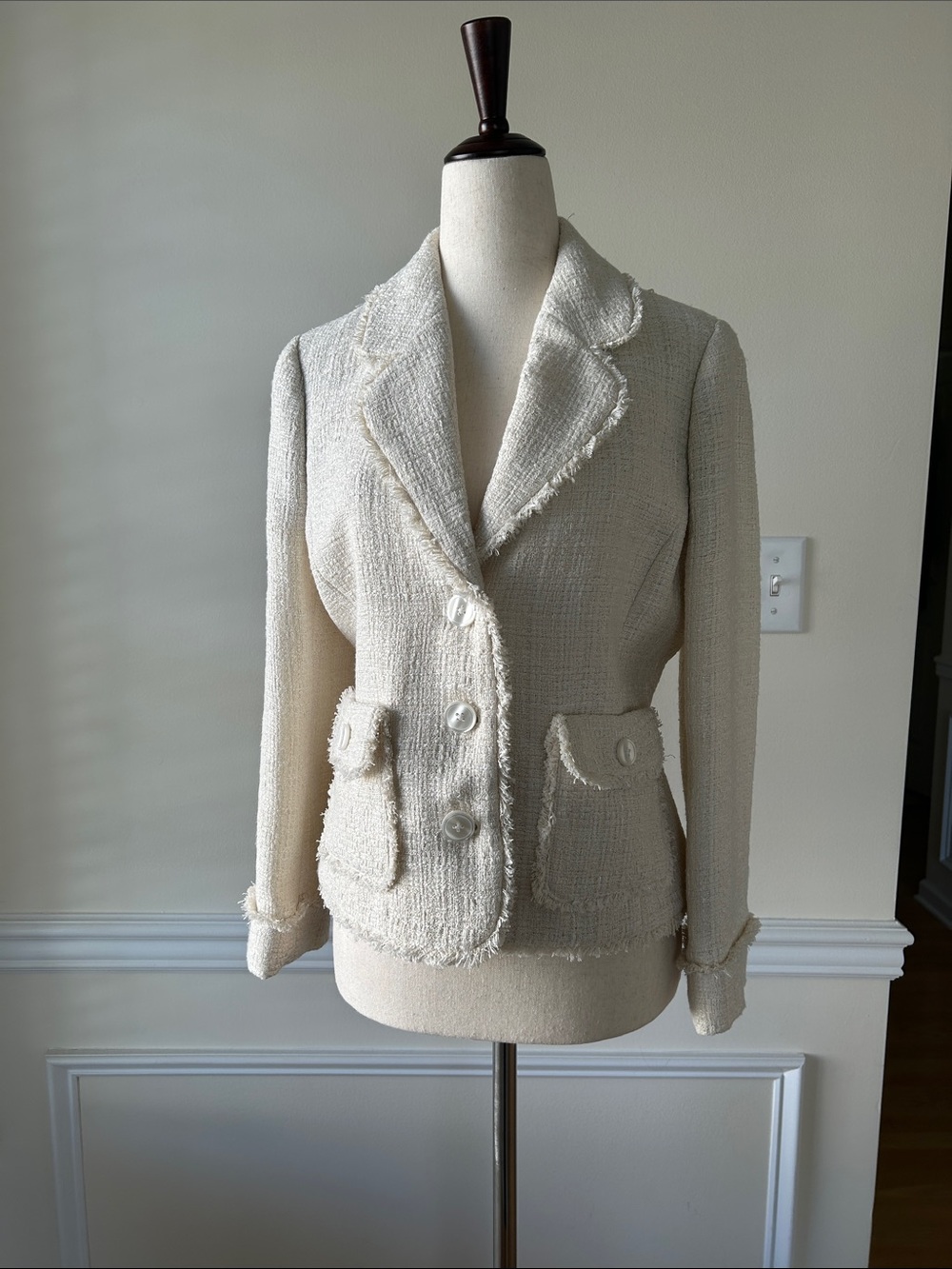 Brooks Brothers Cream Bouclé Fringed-Trim Blazer